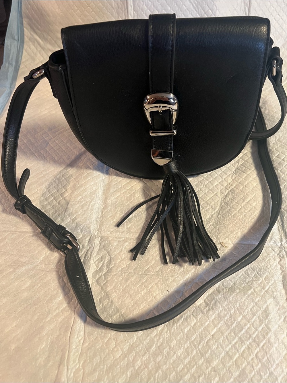 Black Leather Tassel Saddle Crossbody Bag